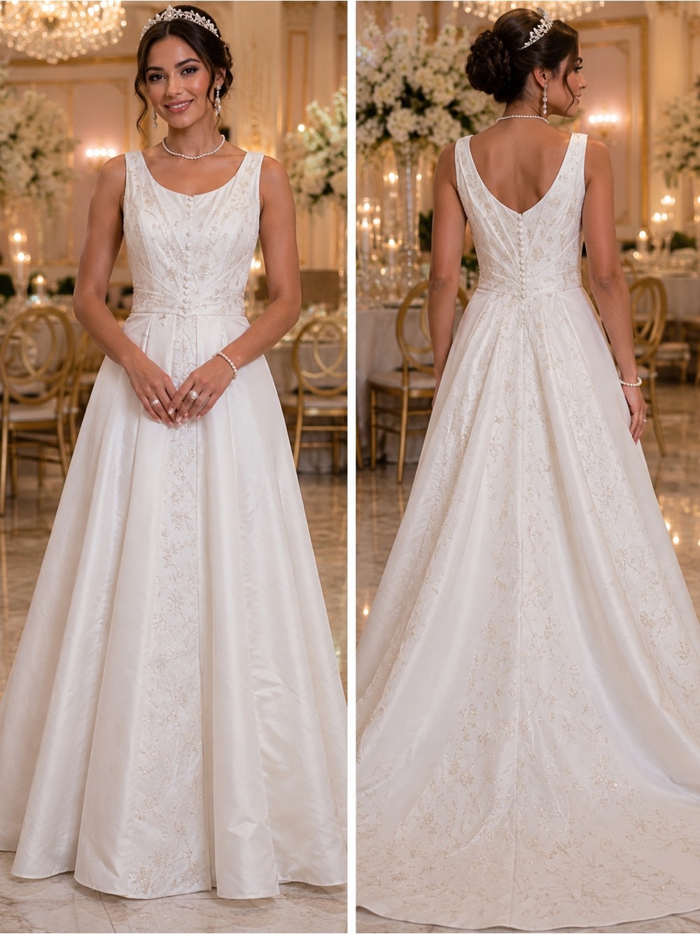 David's Bridal Ivory Embroidered A-Line Satin Wedding Dress